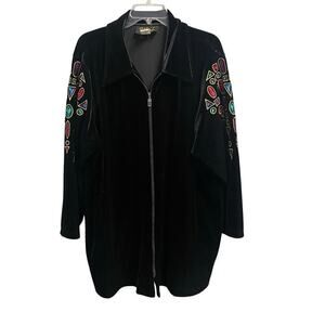 Vintage Bob Mackie Black Velvet Jacket Full Zip 2X Jewels Art To Wear Colorful